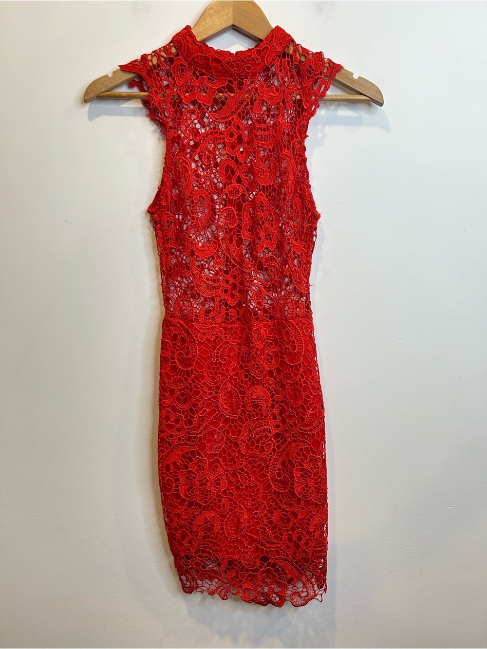 Red Lace High Neck Mini Dress